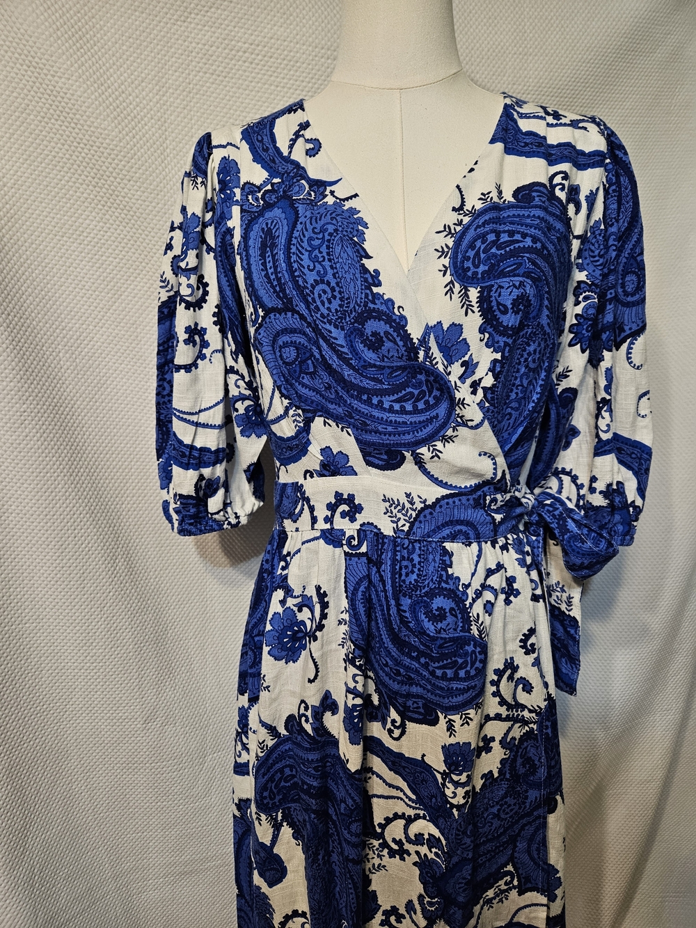 White Closet Blue Paisley Wrap Midi Dress Linen Blend Size S
